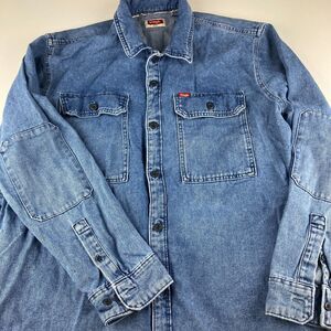 Wrangler Mens XL Denim Shirt Jacket Heavy Cotton Workwear Elbow Patches Blue